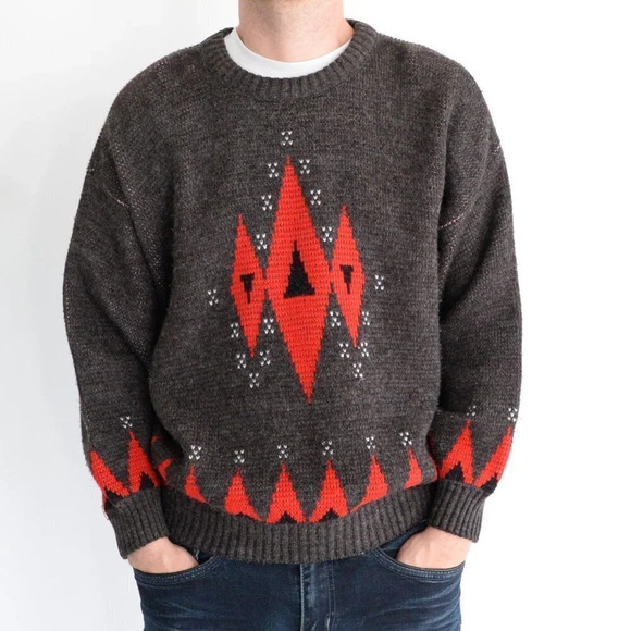 Vintage Pause Brown Red Wool Knit Grandpa Crew Neck Men's  Large Unisex - Picture 3 of 13